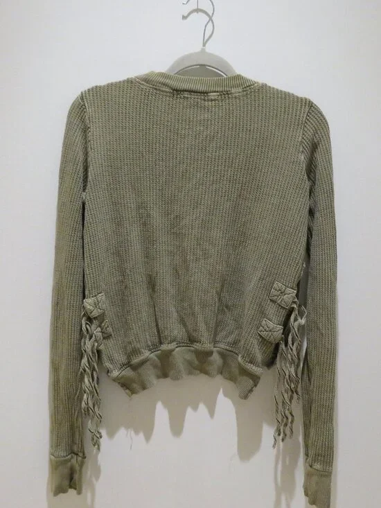 FREE PEOPLE FP ONE Cropped Interlaken Thermal Top Moss Green Small Boho Casual - Picture 13 of 15